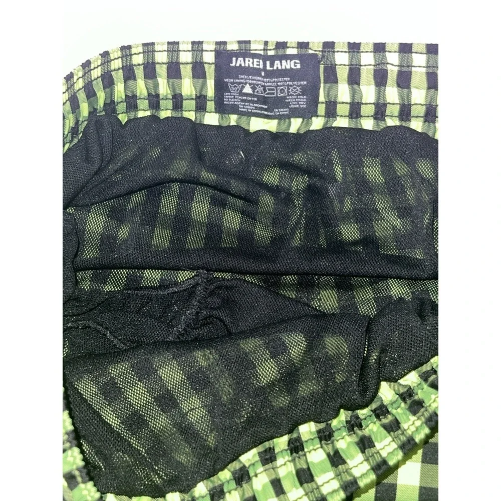 JARED LANG Men's Checkered Swim Trunks Neon Lime Black Plaid Shorts Sz. Medium